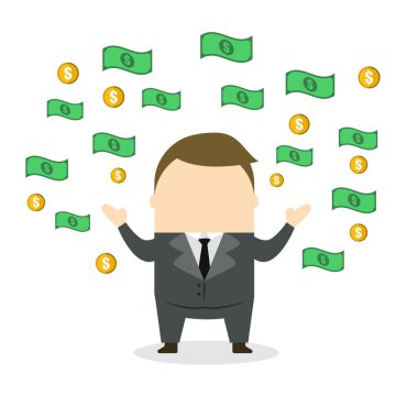 Mutlu İş Adamı Gökten Düşen Parayı Yakalıyor beyaz arka planda izole halde. Vektör İllüstrasyonu