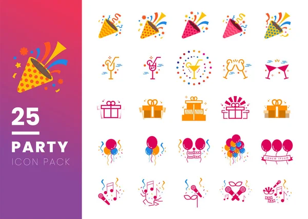 Beyaz arkaplanda 25 parti bağlantılı vektör düz simgesi izole edildi. Popper, Ballon, Gift, İçecek, Müzik gibi ikonlar içerir. Doğum günü partisi etkinliği için uygundur.