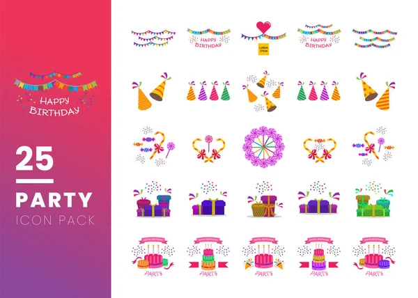 25 Set of Party Element Related Vector flat Icons isolated on white background. Contains such Icons as Confetti, Hat, Gift,Candy, Cake. Suitable for Birthday Party Event.