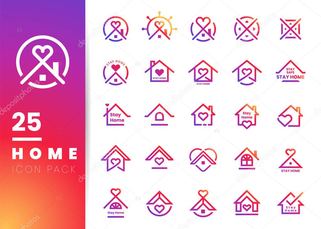 Colorful house and heart line logo icon inside circle . Stay at Home Campaign from Corona virus prevention. Vector Illustration.