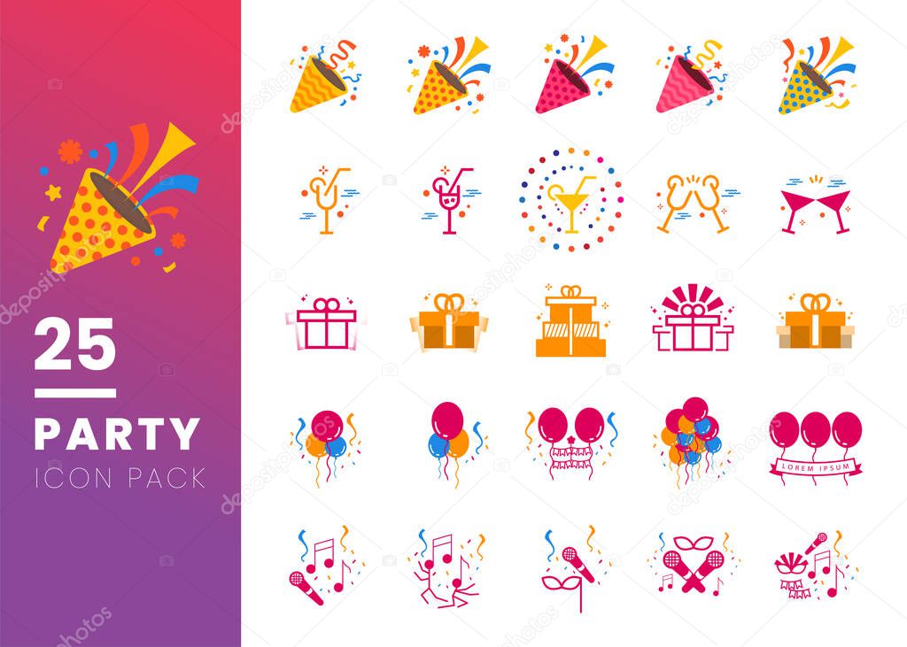 25 Set of Party Related Vector flat Icons isolated on white background. Contains such Icons as Popper, Ballons, Gift, Drink, Music. Suitable for Birthday Party Event.