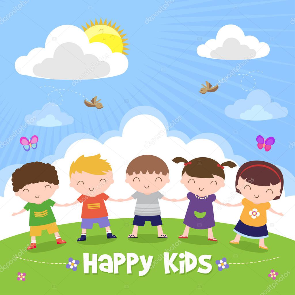 Happy kids holding hand isolated on nature background, Modern flat design, Vector illustration