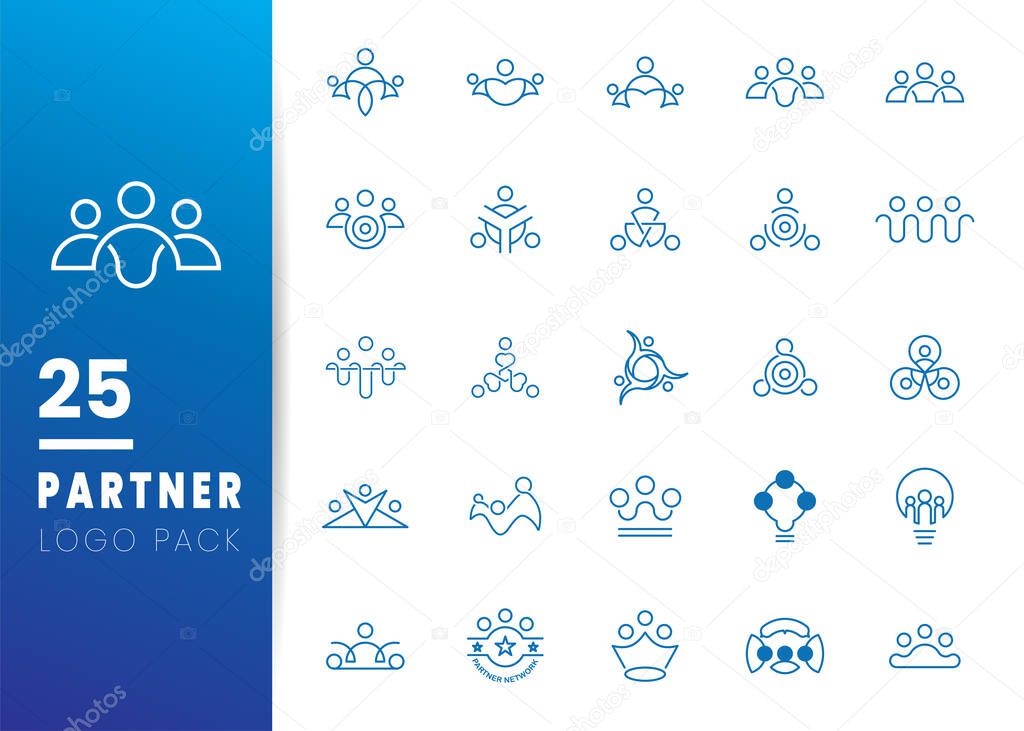 Set of Blue Partner Network Logo Design Template. Team of three people together icon isolated on white background.