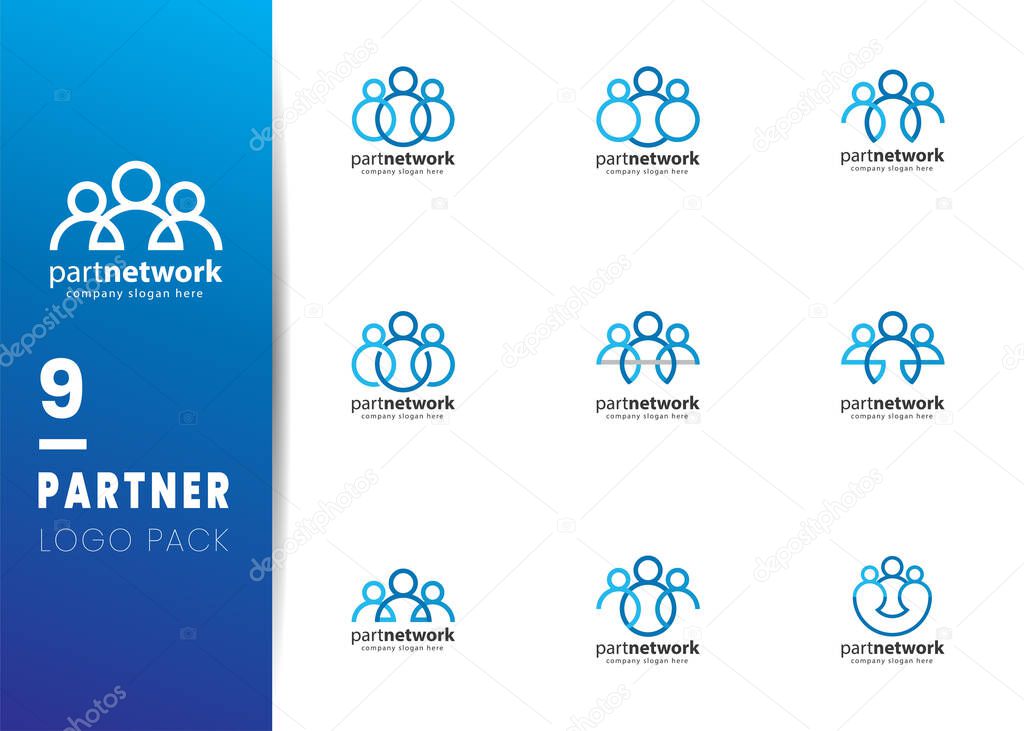 Blue Partner Network Logo Design Template. Team of three people together icon isolated on white background