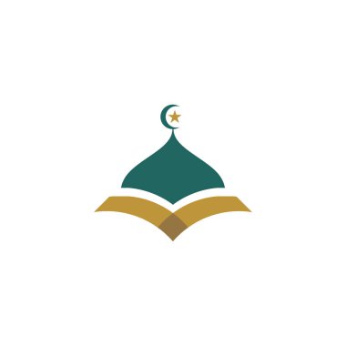 Beyaz arka planda izole edilmiş modern Yeşil Altın İslam Camii ve Kuran logosu. Vektör İllüstrasyonu