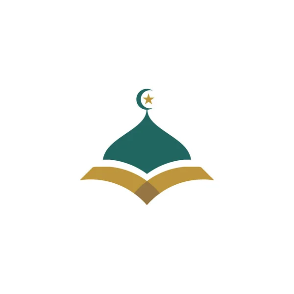 Moderna Mezquita Islámica Oro Verde Logotipo Del Corán Estilo Plano — Vector de stock