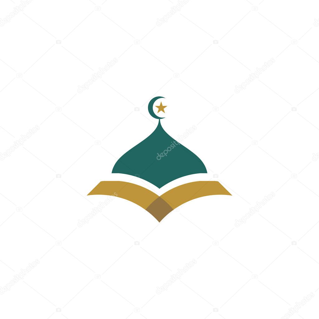 Modern Green Gold Islamic Mosque And Quran Logo flat style Isolated on White Background. Vector Illustration