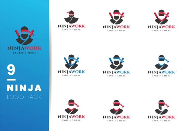 Ninja İş Logosu Tasarımı. Beyaz arka planda izole edilmiş spor maskotu. Vektör İllüstrasyonu
