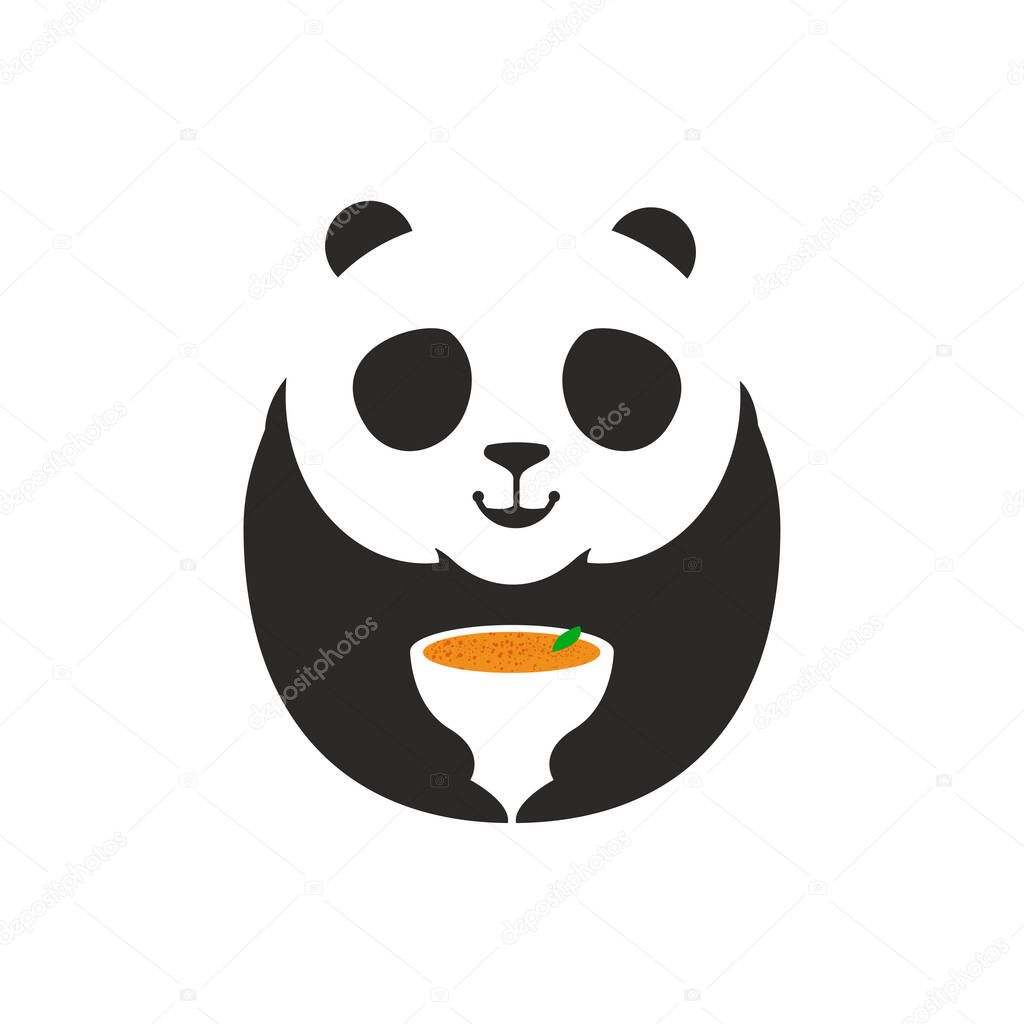 Panda Bear Logo. A Cute panda cartoon mascot holding a soup mug, perfect logo for restaurant company. Vector Illustration