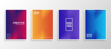 Dört Minimal kapak tasarımı. Renkli yarım ton gradyanı. Web için modern arkaplan şablonu tasarımı. Güzel gradyanlar. Gelecekteki geometrik desenler. Eps10 vektörü.