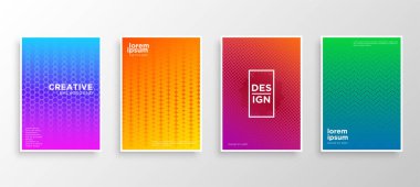 Dört Minimal kapak tasarımı. Renkli yarım ton gradyanı. Web için modern arkaplan şablonu tasarımı. Güzel gradyanlar. Gelecekteki geometrik desenler.