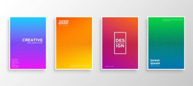Dört Minimal kapak tasarımı. Renkli yarım ton gradyanı. Web için modern arkaplan şablonu tasarımı. Güzel gradyanlar. Gelecekteki geometrik desenler.