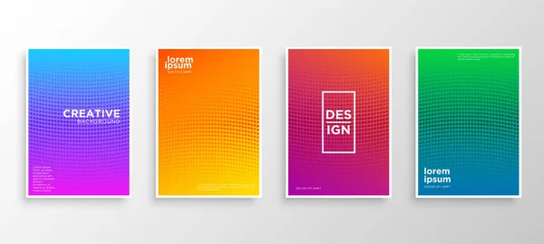 Dört Minimal kapak tasarımı. Renkli yarım ton gradyanı. Web için modern arkaplan şablonu tasarımı. Güzel gradyanlar. Gelecekteki geometrik desenler.