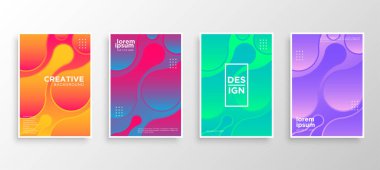 Dört Minimal kapak tasarımı. Renkli yarım ton gradyanı. Web için modern arkaplan şablonu tasarımı. Güzel gradyanlar. Gelecekteki geometrik desenler.