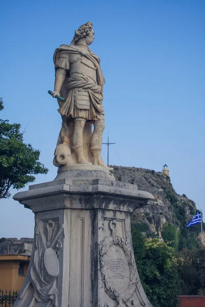 Statua Del Conte Schulenburg Fronte Alla Fortezza Vecchia Corfù Grecia — Foto Stock