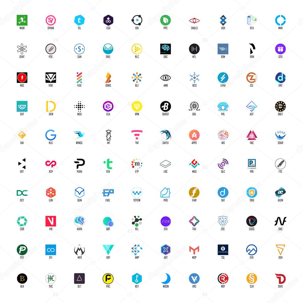 Set of hundred cryptocurrency logos, full names and official symbols in layers panel, part 2