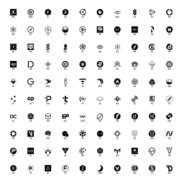 Set Hundred Cryptocurrency Logos Black White Full Names Official Symbols — Stock Vector