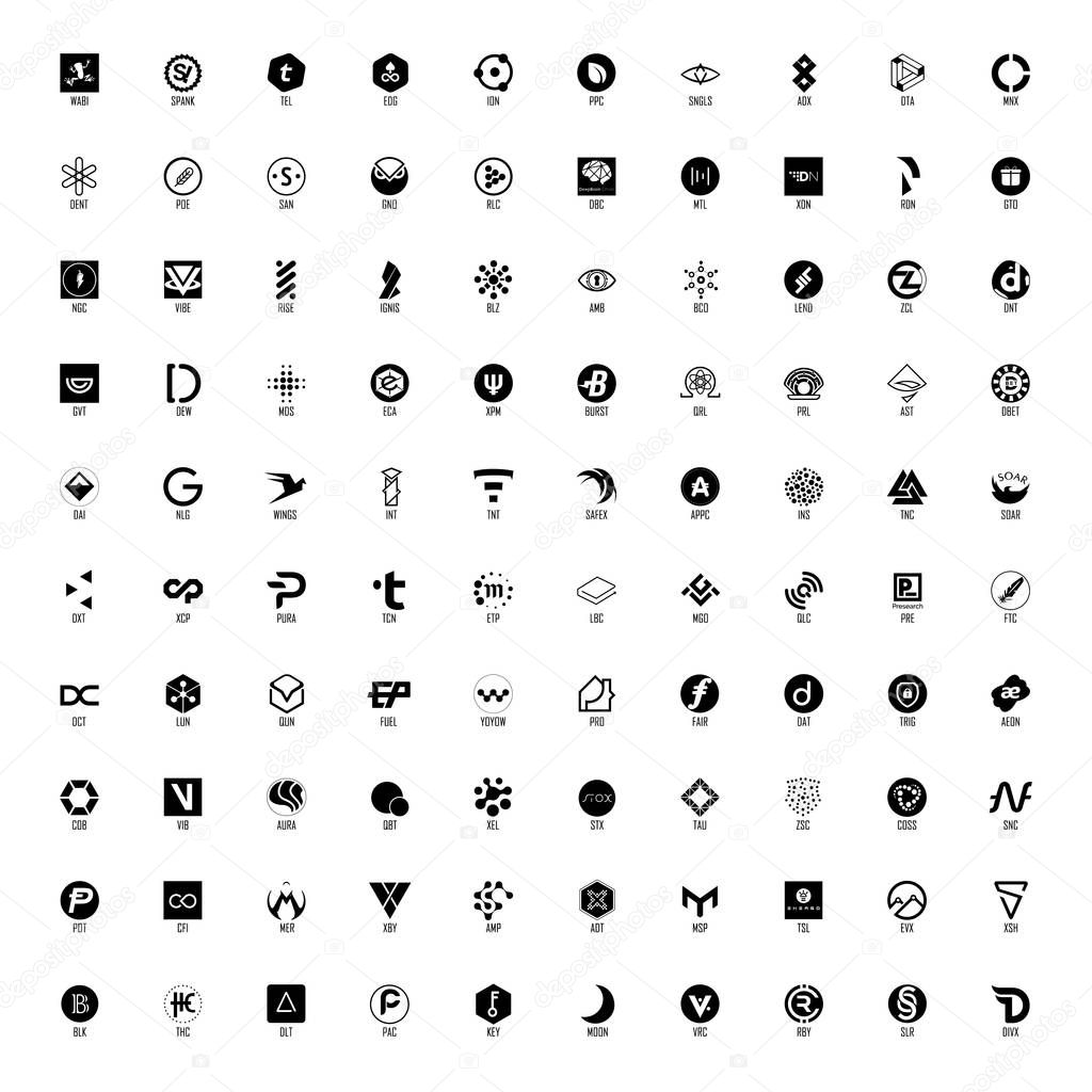 Set of hundred cryptocurrency logos, black and white, full names and official symbols in layers panel, part 2