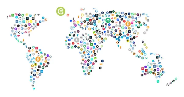 Mapa Del Mundo Creado Partir 200 Iconos Criptomoneda Oficiales Diferentes — Vector de stock