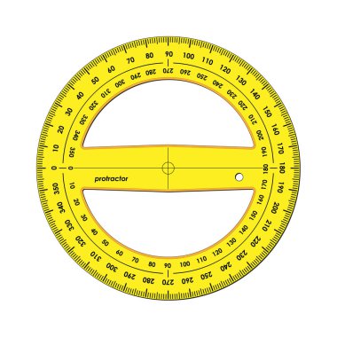 Sarı protractor, saat yönünde ve saat yönünün tersine ölçekile tam daire 360 derece, illüstrasyon