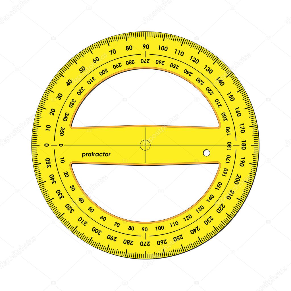 Yellow protractor, full circle 360 degrees with clockwise and counterclockwise scale, illustration