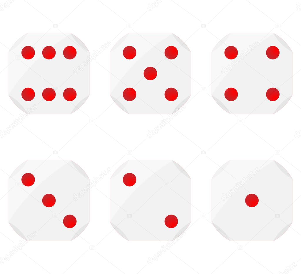 Set of dices, with curved edges and red dots for representing numbers, vector