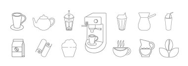 Coffee icons. Geometric coffee and tea pattern in minimalist style. Abstract print background with simple shapes for coffee shop, food packaging, cafe wall, menu.