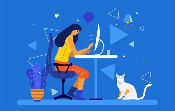 Work Home Woman Sitting Sofa Working Laptop Freelancer Home Workplace — Stock Vector