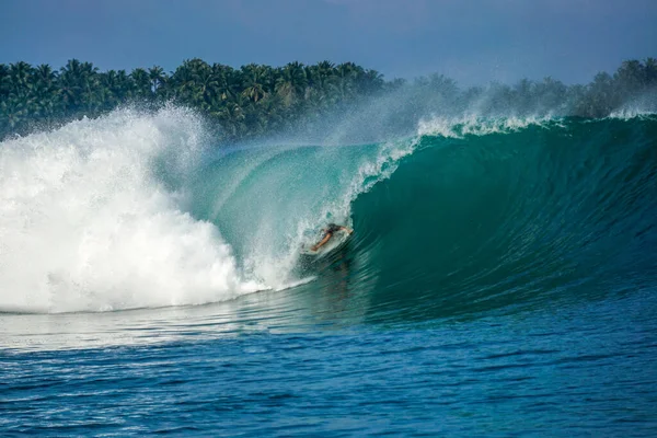 Surfer on perfect blue big tube wave, empty line up, perfect for surfing, clean water, Indian Ocean in Mentawai islands, spot EBay