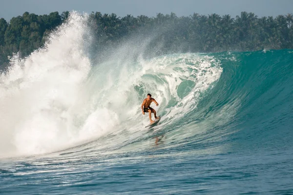 Surfista Perfecta Ola Azul Tubo Grande Línea Vacía Perfecto Para —  Fotos de Stock