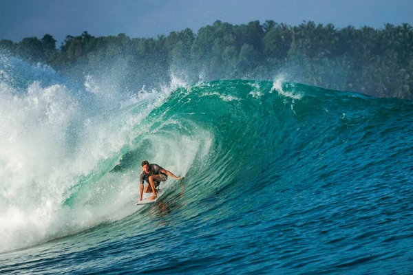 Surfer on perfect blue big tube wave, empty line up, perfect for surfing, clean water, Indian Ocean in Mentawai islands, spot EBay