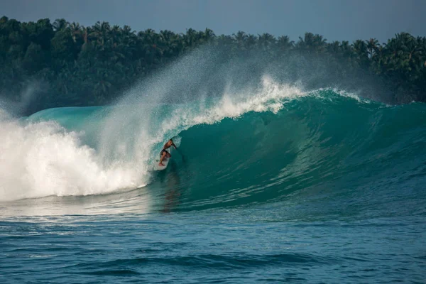 Surfer on perfect blue big tube wave, empty line up, perfect for surfing, clean water, Indian Ocean in Mentawai islands, spot EBay