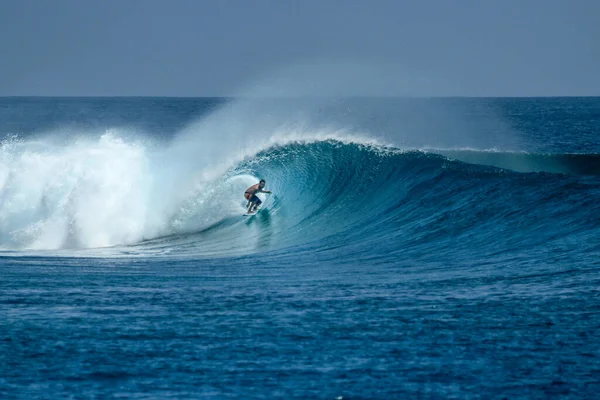 Surfer on perfect blue big tube wave, empty line up, perfect for surfing, clean water in Indian Ocean in Maldives
