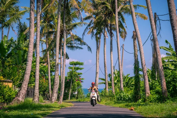 Etrafta Iki Ananas Palmiye Ağacı Olan Genç Bir Kızın Portresi — Stok fotoğraf