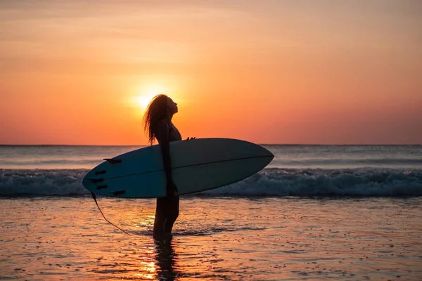 Portrait Woman Surfer Beautiful Body Beach Surfboard Colorful Sunset Bali — Stock Photo, Image