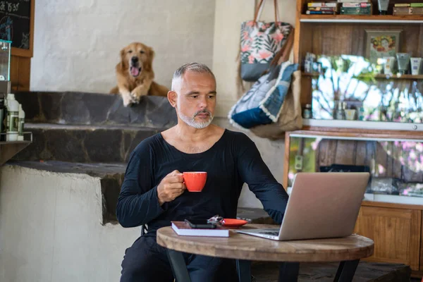 Mature man freelancer working with laptop and phone holding red cup of coffee and brown dog on background  in Bali