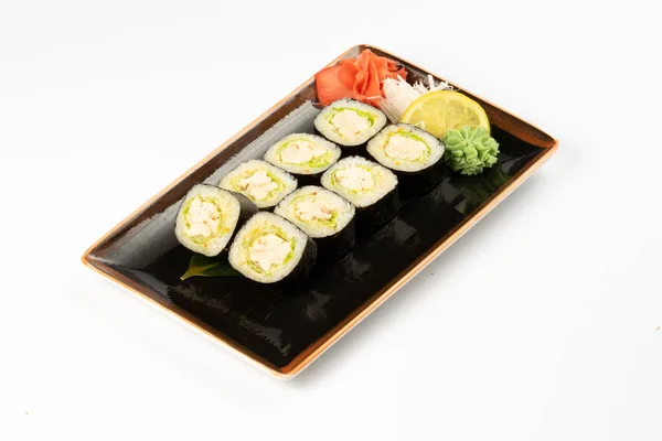 Portion Maki Sushi Assortment Japanese Side Dishes Rectangular Ceramic Plate — Stock Photo, Image