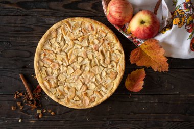 Kırmızı ve sarı elmalardan ev yapımı elmalı turta Charlotte. Sonbahar temalı bir hayat, elmaları ve ev yapımı kekleri karanlık ahşap bir masada toplamak. Üst görünüm