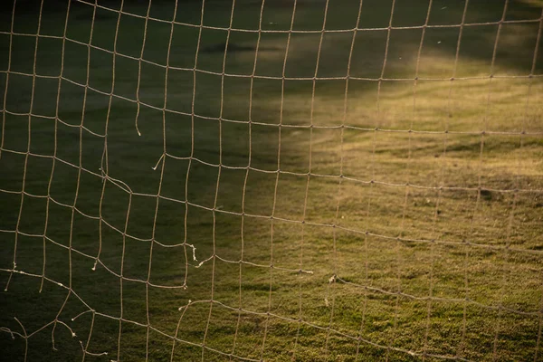 Close Soccer Goal Net Morning Sun — Stock Photo, Image