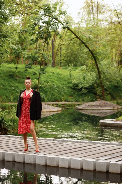 Girl Walks Park Evening Glamorous Clothes Red Summer Dress Black — Stock Photo, Image