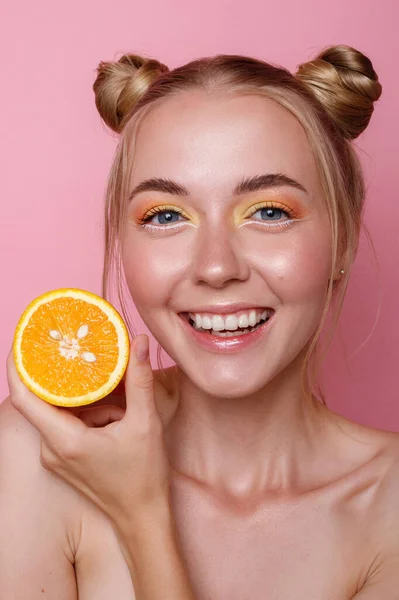Happy Girl Orange Pink Background — Stock Photo, Image