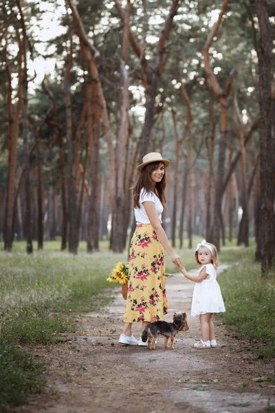 Mamá Hija Perro Paseo Verano Atardecer — Foto de Stock