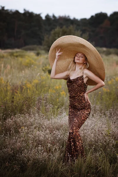 Dívka Leopard Šaty Slamák Klobouk Letní Louce — Stock fotografie