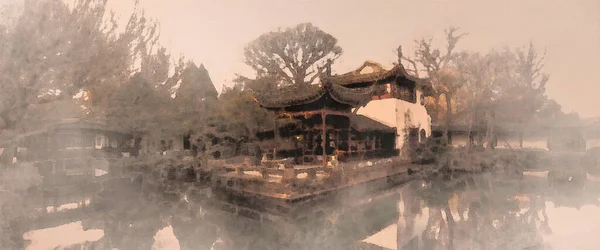 Akwarela Wydruk Humble Administrator Garden Zhuozheng Garden Zbudowany 1517 Roku — Zdjęcie stockowe