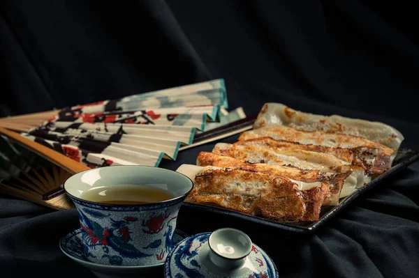 Material Bolinhos Fritos Chineses Tradicionais Também Chamado Gyoza Pote Adesivo — Fotografia de Stock