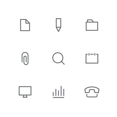 Temel anahat Icon set - dosya, kalem, klasör, ataş, Büyüteç'i, takvim, bilgisayar, grafik ve telefon sembolleri. Ofis, banka donatımı ve iş vektör işaretleri.