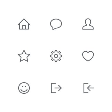 Temel anahat Icon set - ev, sohbet, kişi, yıldız, dişli çark, kalp, gülümsemek yüz, oturum açma ve oturum kapatma sembolleri. Internet, Web sitesi ve sosyal ağ vektör işaretleri.