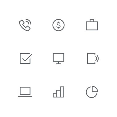 Temel anahat Icon set - telefon, Doları para, evrak çantası, onay işareti, bilgisayar ekranı, cep telefonu, dizüstü bilgisayar, grafik ve diyagram sembolleri. İş, office ve başarı vektör işaretleri çalışma.