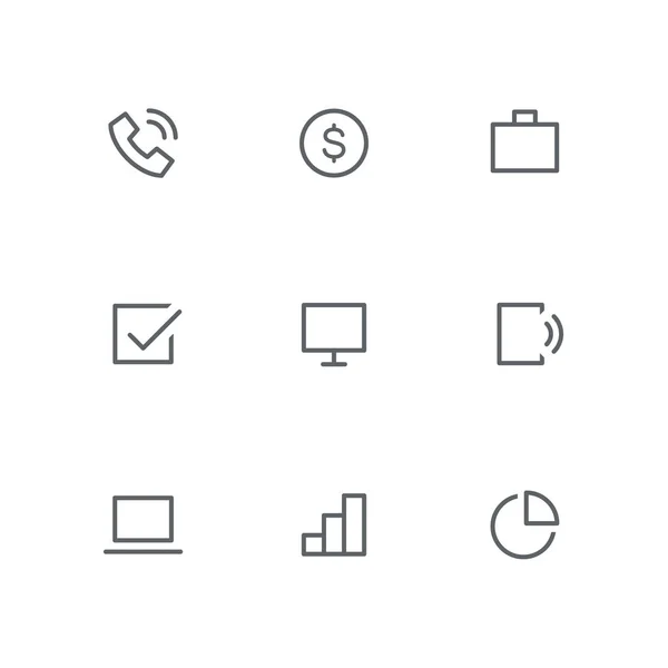 基本的なアウトライン アイコンを設定 コイン ブリーフケース チェック マーク コンピューターの画面 携帯電話 ノート パソコン — ストックベクタ