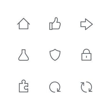 Temel anahat simgesini - ana sayfa, ayarla ok, tüp bebek, kalkan, kilit, bulmaca, yenileme veya yeniden yükle sembolleri parçası. İş, vektör internet ve Güvenlik işaretleri.